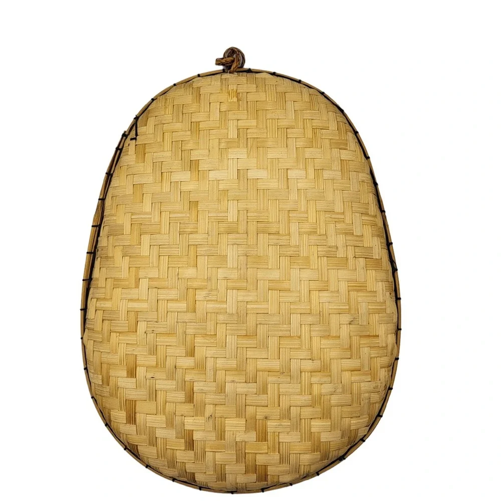 Vintage Hanging Wicker Hand-carved Coconut Shells Flowers Basket Rattan Boho 70s